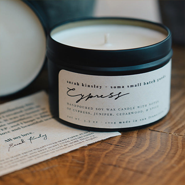 Sarah Kinsley and Soma Small Batch Goods collaboration Cypress Candle